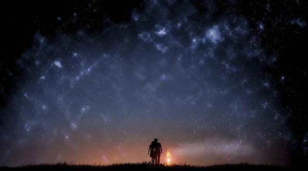 은하수와 남자와 여자가 사랑하는 실루엣 아름다운 밤하늘을 배경으로 — 스톡 사진