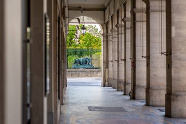 Arka planda aslan heykeli olan Paris atari salonu. Bir bahar sabahı hiç insan olmadan çekilmiş.