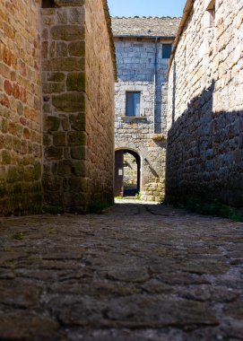 A cobblestone street in the heritage village of Southern France, taken on a sunny summer afternoon with no people