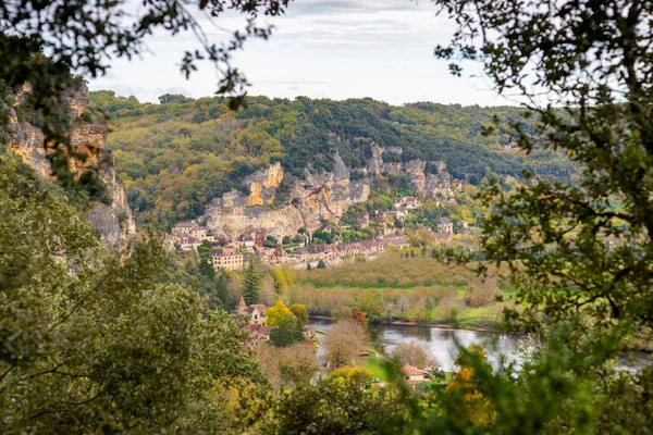 Uitzicht Het Middeleeuwse Dorp Roque Gageac Perigord Frankrijk Genomen Uit — Stockfoto