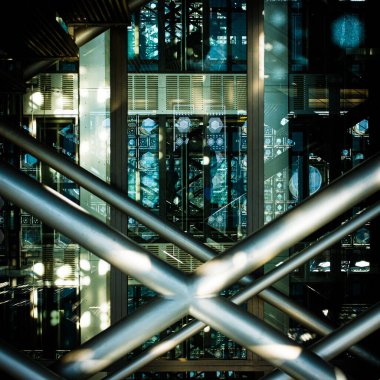 Contemporary architecture of steel and glass of a Parisian museum named institute du monde arabe seen from inside
