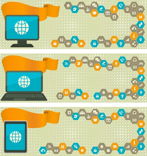 Πανό για το Διαδίκτυο με διαφορετικές συσκευές και εικονίδια Διαδίκτυο στα κύτταρα — Διανυσματικό Αρχείο