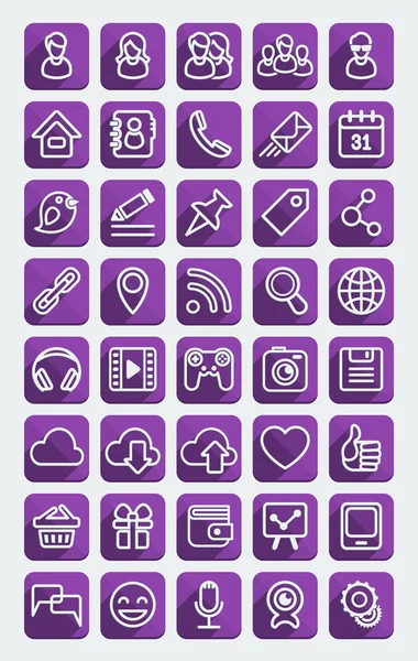 Iconos planos Conjunto de medios sociales púrpura — Vector de stock