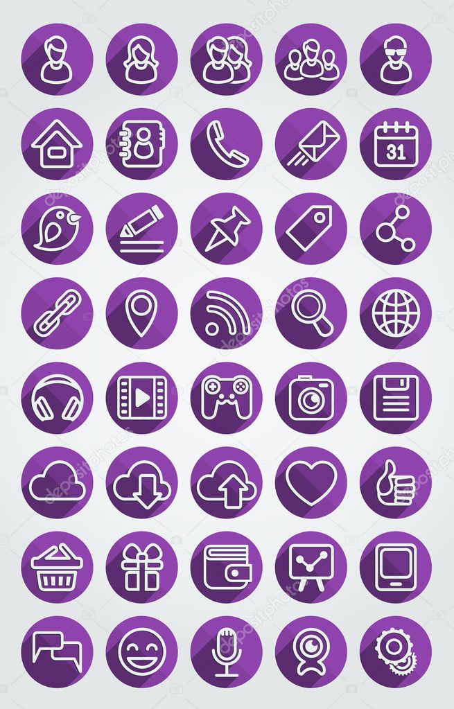 Flat Icons Social Network Round Purple Set