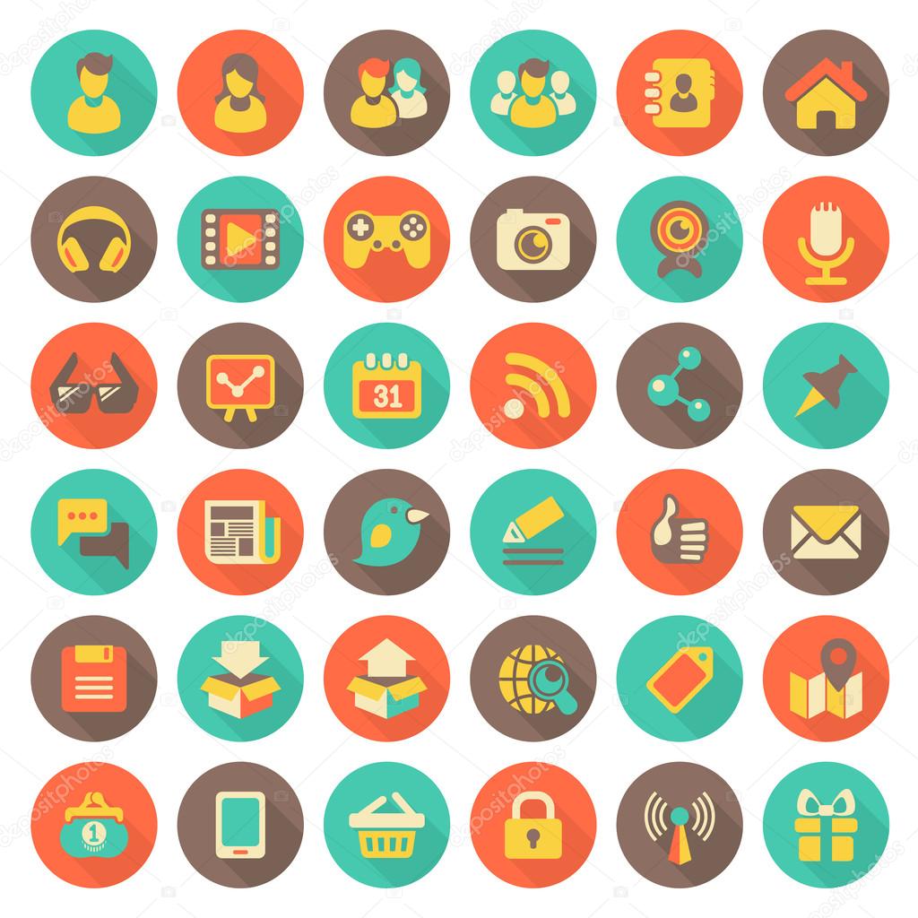 Social Networking Flat Round Icons with Long Shadows