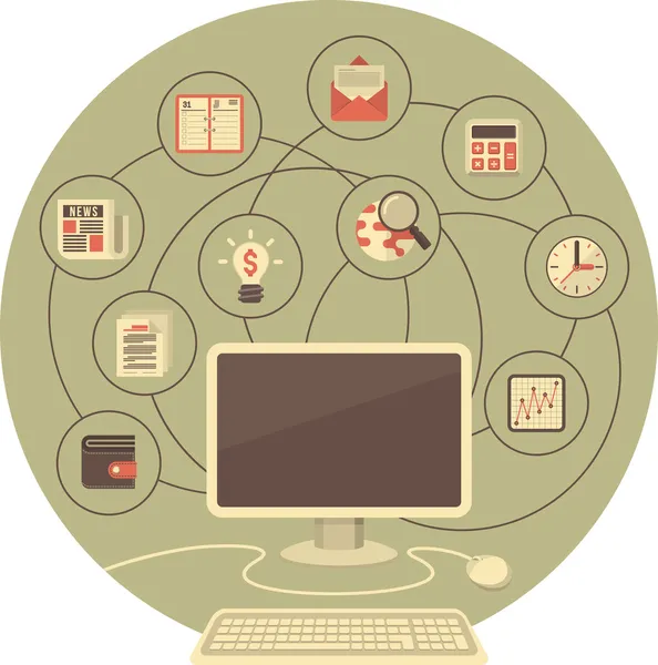 Computer as a Tool for Business in Gray Circle — Stock Vector