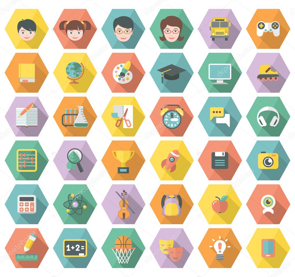 Modern Flat Education and Leisure Icons in Hexagons