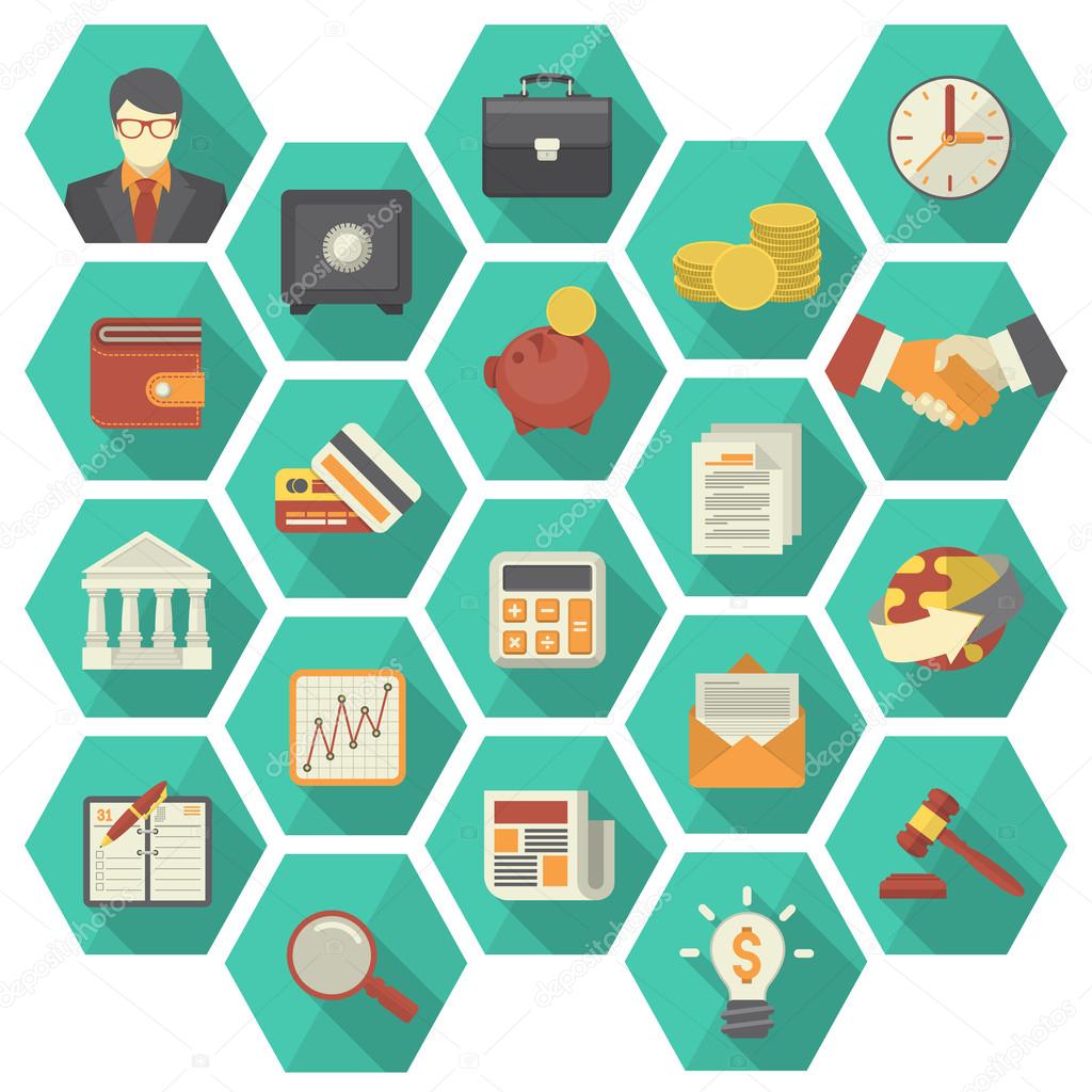 Modern Flat Financial and Business Icons in Hexagons