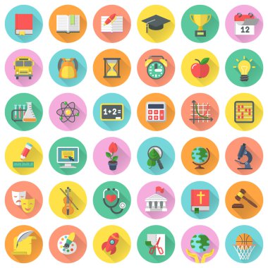 Flat school subjects icons in circles with long shadows clipart