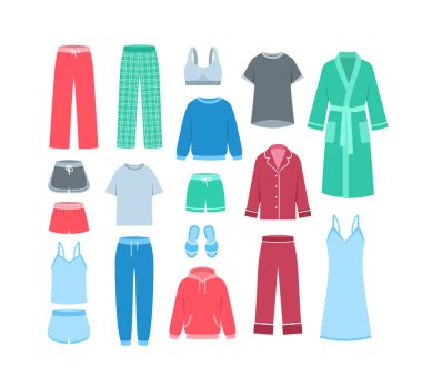 Kadın ev kıyafetleri. Düz vektör çizimi. Evde giymek için rahat bir şezlong giysisi. Pantolon, gömlek, pijama, bornoz, rahat kazaklar, eşofman altı ve terlikler. Farklı kadın kıyafetleri.