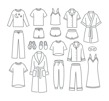 Kadın ev kıyafetleri. Basit düz çizgi vektör simgeleri. Yatakta giymek için rahat bir şezlong giysisi. Pantolon, şort, gömlek ve bluz, pijama, bornoz, gecelik, eşofman altı ve terlik.