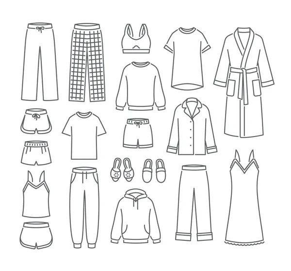 Ropa Casa Mujeres Iconos Vector Línea Delgada Plana Simple Cómodas — Archivo Imágenes Vectoriales