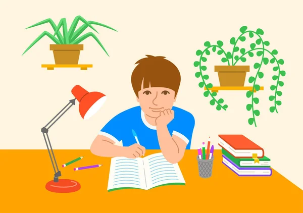 Little School Boy Doing His Homework Desk His Room Young — Vector de stock