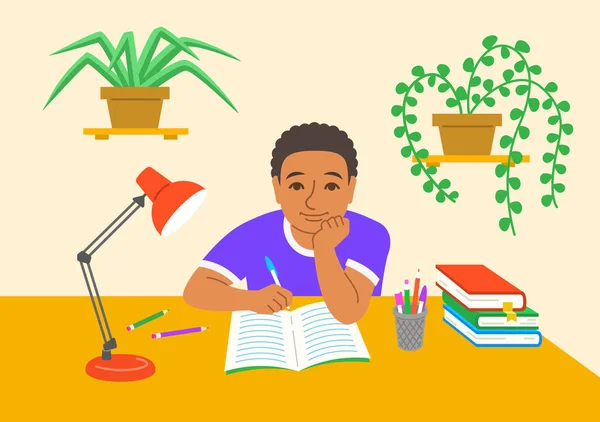 Little Black School Boy Doing His Homework Desk His Room — Stockvector