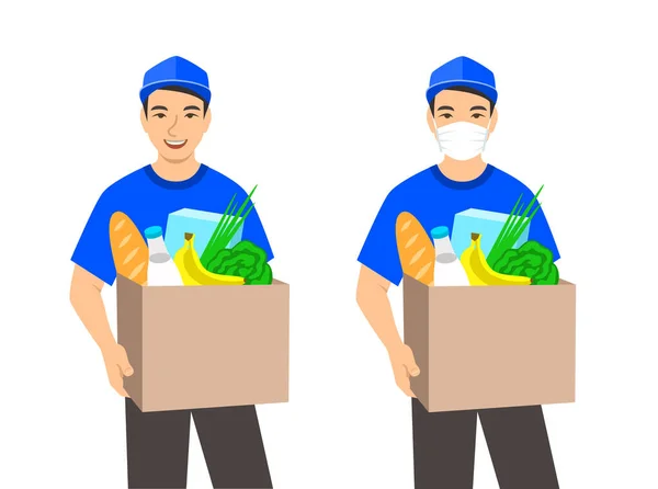 Delivery Boy Holding Hands Box Grocery Ordering Products Store Home — Stock Vector