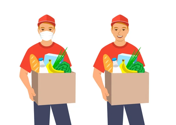 Delivery Boy Holding Hands Box Grocery Ordering Products Store Home — Stock Vector