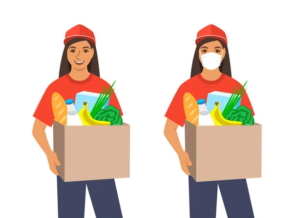 Delivery Girl Holding Hands Box Grocery Ordering Products Store Home — Stock Vector
