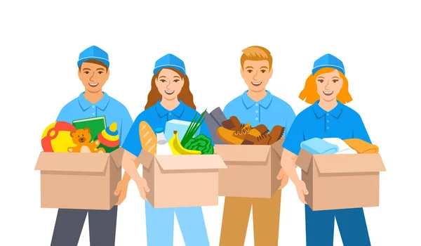 Young Volunteers Boys Girls Stand Hold Boxes Goods Charity Food — Stock Vector