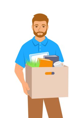 İşsiz kovulmuş genç bir adam. Üzgün işsiz ofis çalışanı kişisel eşyalarla dolu kutuyu tutuyor. Mutsuz üzgün surat iş kaybından endişeleniyor. Ekonomik kriz sırasında işsizlik. Düz vektör illüstrasyonu