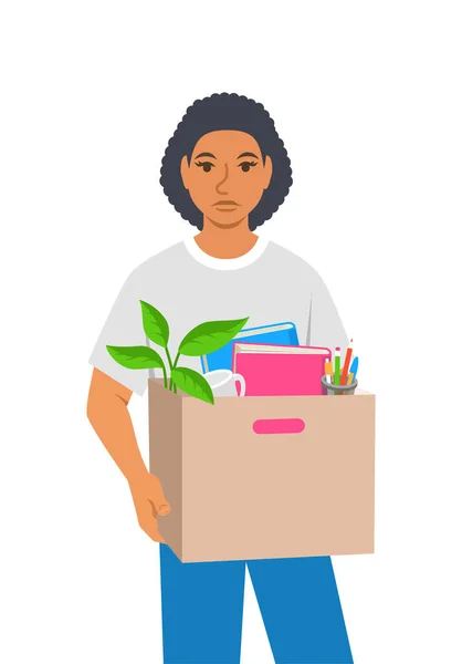 Unemployed Fired Black Woman Sad Jobless Girl Holds Box Personal — Stock Vector