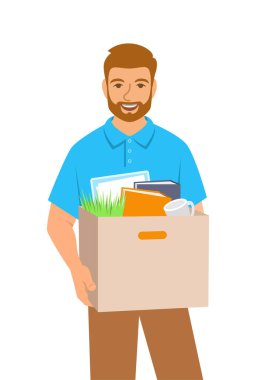 Yeni işçi takıma katılıyor. Şirket yeni bir çalışan işe alıyor. Genç adam kariyeri için bir iş buldu. Mutlu çalışan terfi aldı. Düz vektör çizimi. Yeni ofiste yeni bir başlangıç.