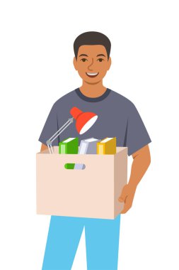 Yeni işçi takıma katılıyor. Yeni iş fırsatı konsepti. Genç siyahi adam kariyeri için bir iş buldu. Mutlu çalışan terfi aldı. Düz vektör çizimi. Gençlik için profesyonel büyüme