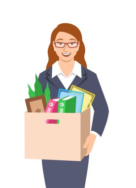 Genç bayan ofis çalışanı iş takımında yeni bir işe başlıyor. Yeni iş fırsatı konsepti. Modern kız kariyeri için bir iş buldu. Mutlu çalışan terfi aldı. Düz vektör illüstrasyonu
