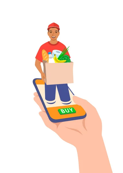 Express Delivery Concept Customer Makes Order Online Using Mobile Phone — Stock Vector