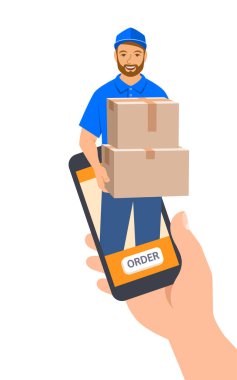 Hızlı teslimat konsepti. Müşteri internetten akıllı telefon uygulaması kullanarak sipariş veriyor ve hemen alıyor. Genç teslimatçı müşteriye paketler veriyor. İnternetten alışveriş. Düz vektör illüstrasyonu