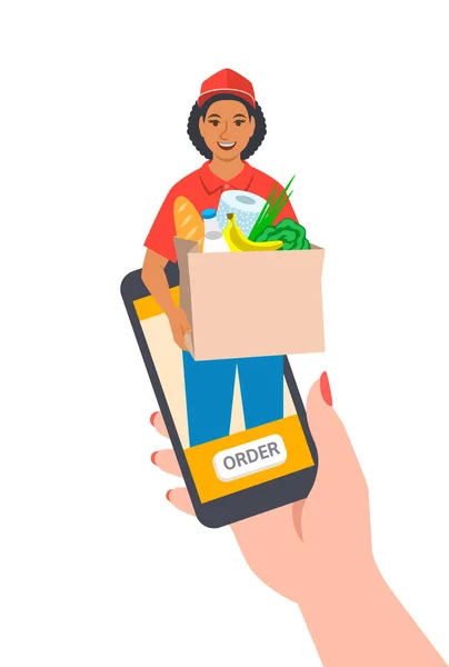 Express Delivery Concept Customer Makes Order Online Using Smartphone App — Stock Vector