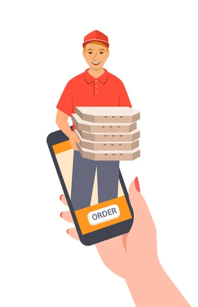 Pizza Express Delivery Concept Customer Makes Order Online Using Smartphone — Stock Vector