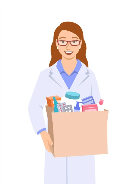 Young Woman Pharmacist White Coat Holding Paper Bag Medicines Other — Stock Vector