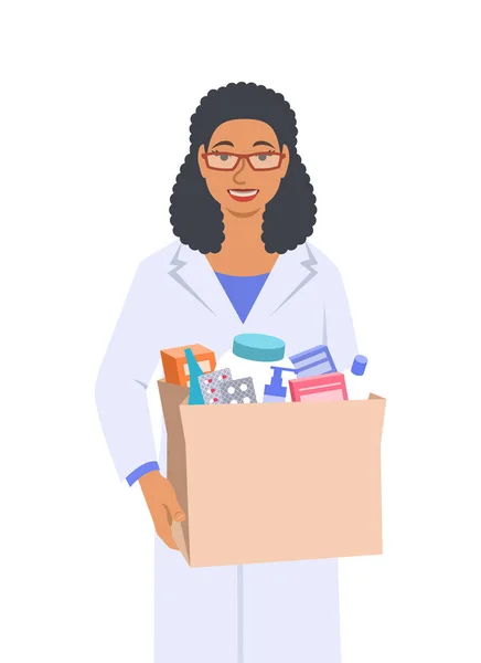 Young Black Woman Pharmacist White Coat Holds Paper Bag Medicines — Stock Vector