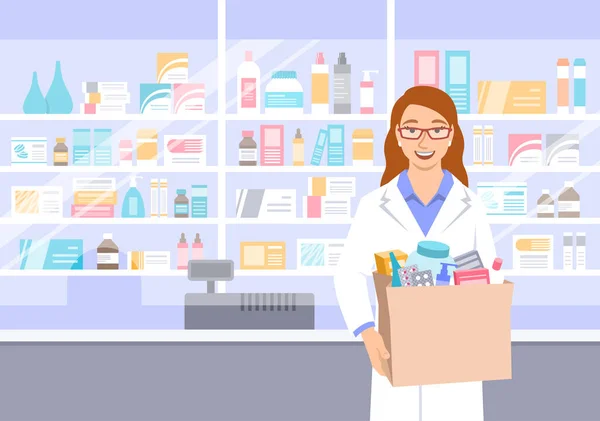 Молода Жінка Аптека Білому Пальто Стоїть Перед Полицями Ліками Аптеці — стоковий вектор