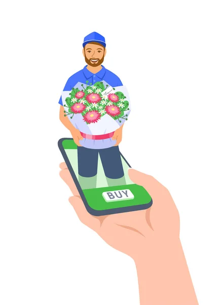 Fresh Flowers Express Delivery Delivery Man Holds Floral Bouquet Customer — Stock Vector