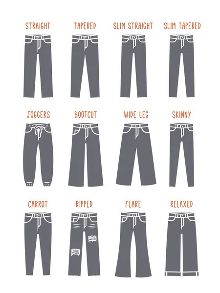 Jeans Styles Men Jean Pants Different Fit Simple Silhouette Icons — Vector de stock