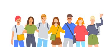 Young people stand together. Friendly diverse college students hug each other. Students community. Smiling boys and girls with school bags and backpacks isolated on white. Flat cartoon illustration