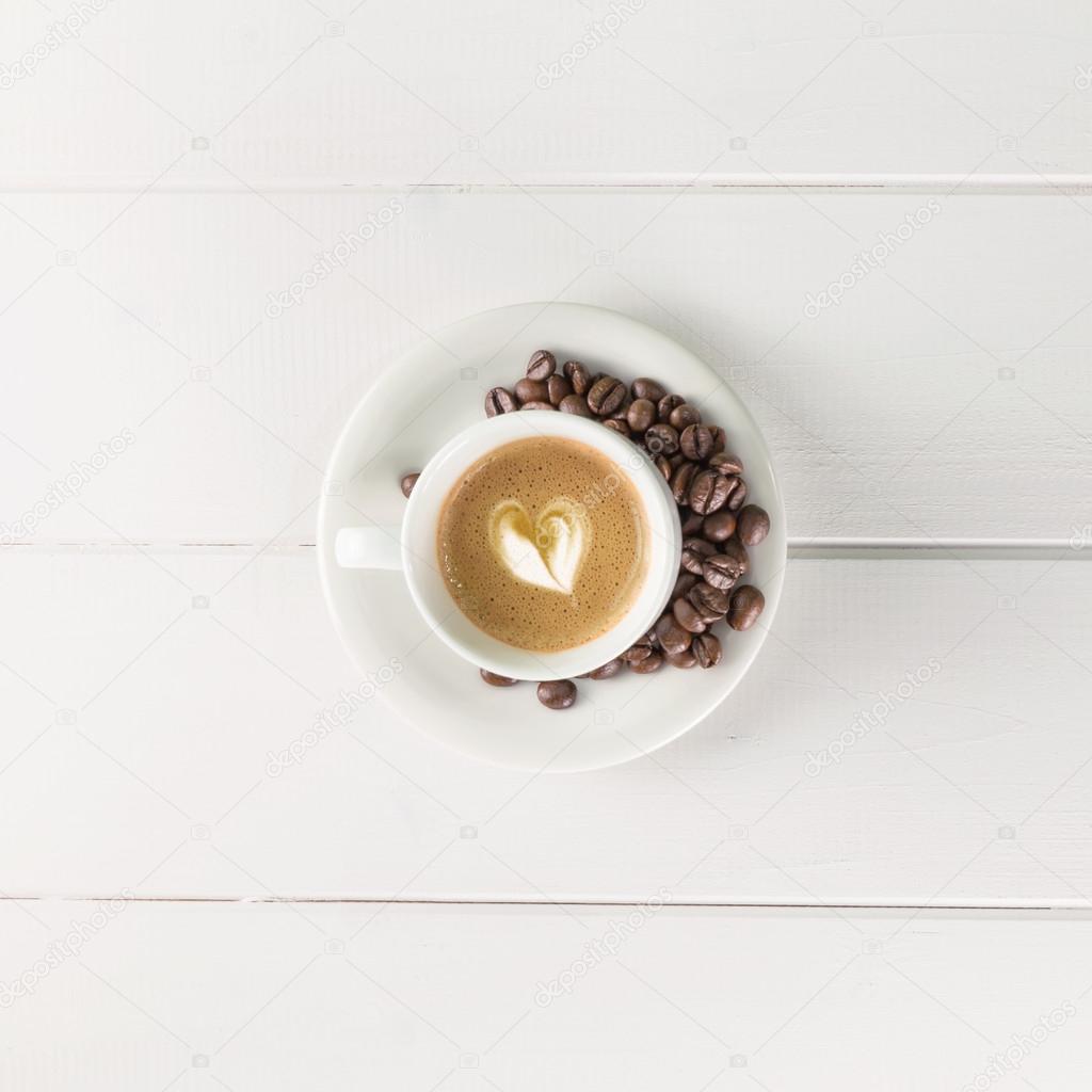 top view coffee cup white beans