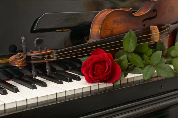 Piano red rose violin — Stock Photo, Image