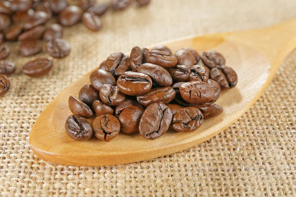 Colher de perto de grãos de café — Fotografia de Stock