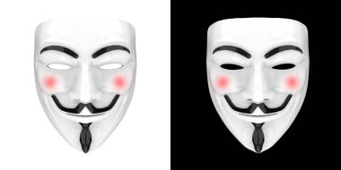 Vendetta maskesi, Anonim Hareket hacktivizminin sembolü, siyah beyaz arka planda izole edilmiş..