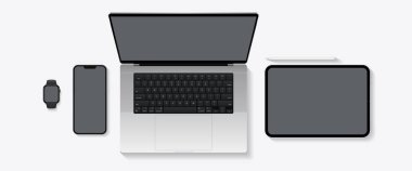 Üst görünüm aygıtları yapılandırma seti, saat, akıllı telefon, dizüstü bilgisayar, tablet, kalem, vektör biçiminde