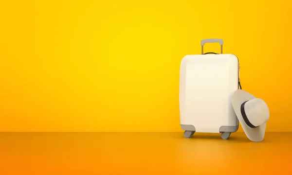 Suitcase Hat Orange Background Travel Layout Rendering — Stockfoto