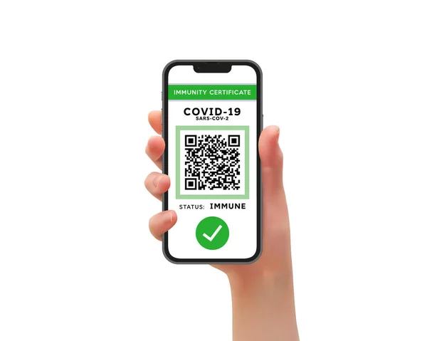 Woman Hand Holding Phone Green Pass Verification Covid Isolated White — Stok Vektör