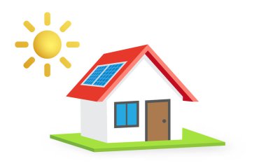 Güneş paneli olan Eco House kavramı vektör biçiminde beyaz arkaplanda izole edildi