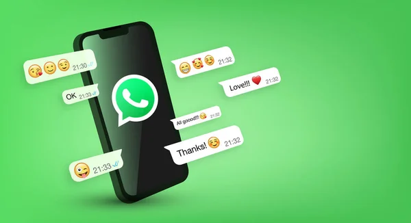 Whatsapp Smartphone Scherm Chat Emoticon Isometrische Concept Vectorformaat — Stockvector