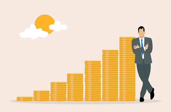 Hombre Negocios Apoyan Contra Una Pila Monedas Formato Vectorial — Archivo Imágenes Vectoriales