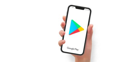 Google oynatıcı uygulaması olan akıllı telefonu vektör biçiminde tutan kadın