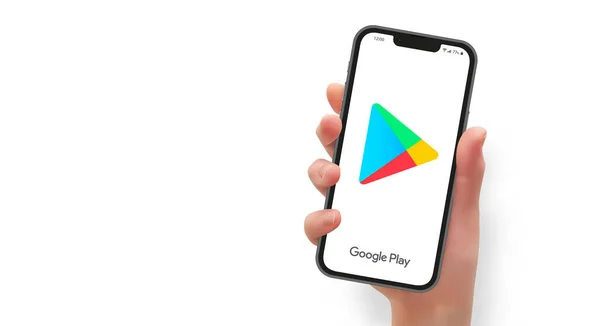 Vrouw Hand Houden Van Smartphone Met Google Play Store App — Stockvector