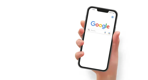 Frau Hält Smartphone Mit Google Suchwebseite Vektorformat — Stockvektor